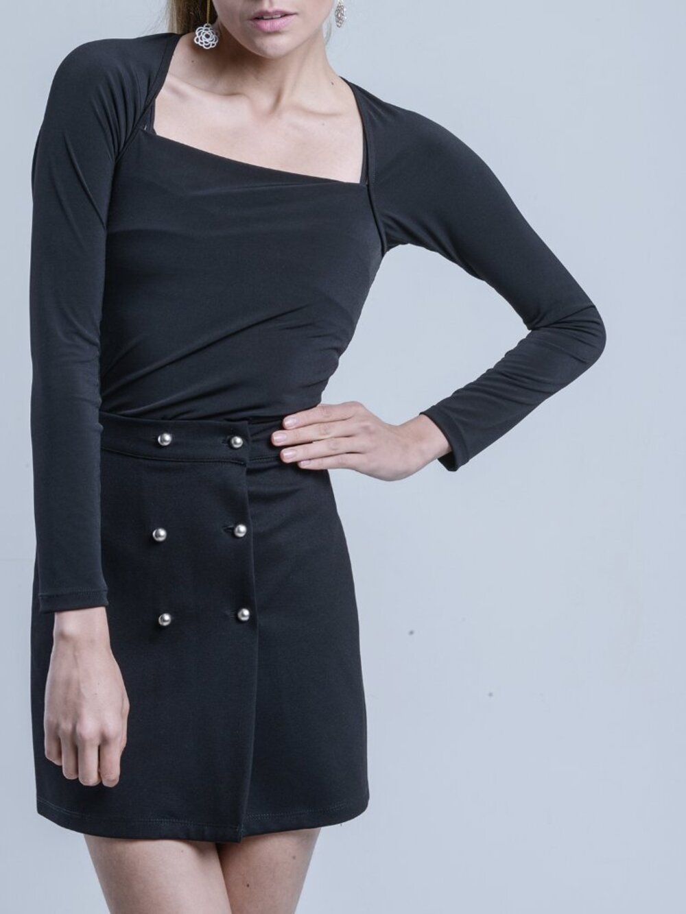 Black Military-Style Mini Skirt with Silver Buttons – Pre-Loved
